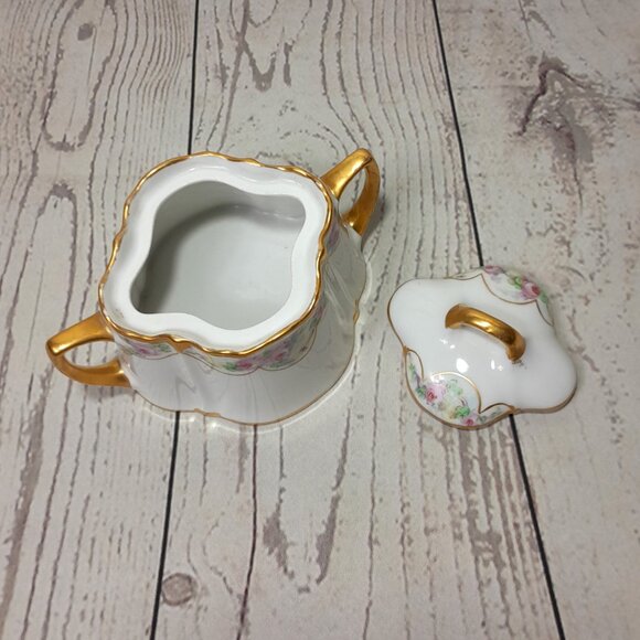 Porcelain Sugar Bowl KPM Germany Floral Pink Roses Gold Trim Double Handles - Picture 6 of 13